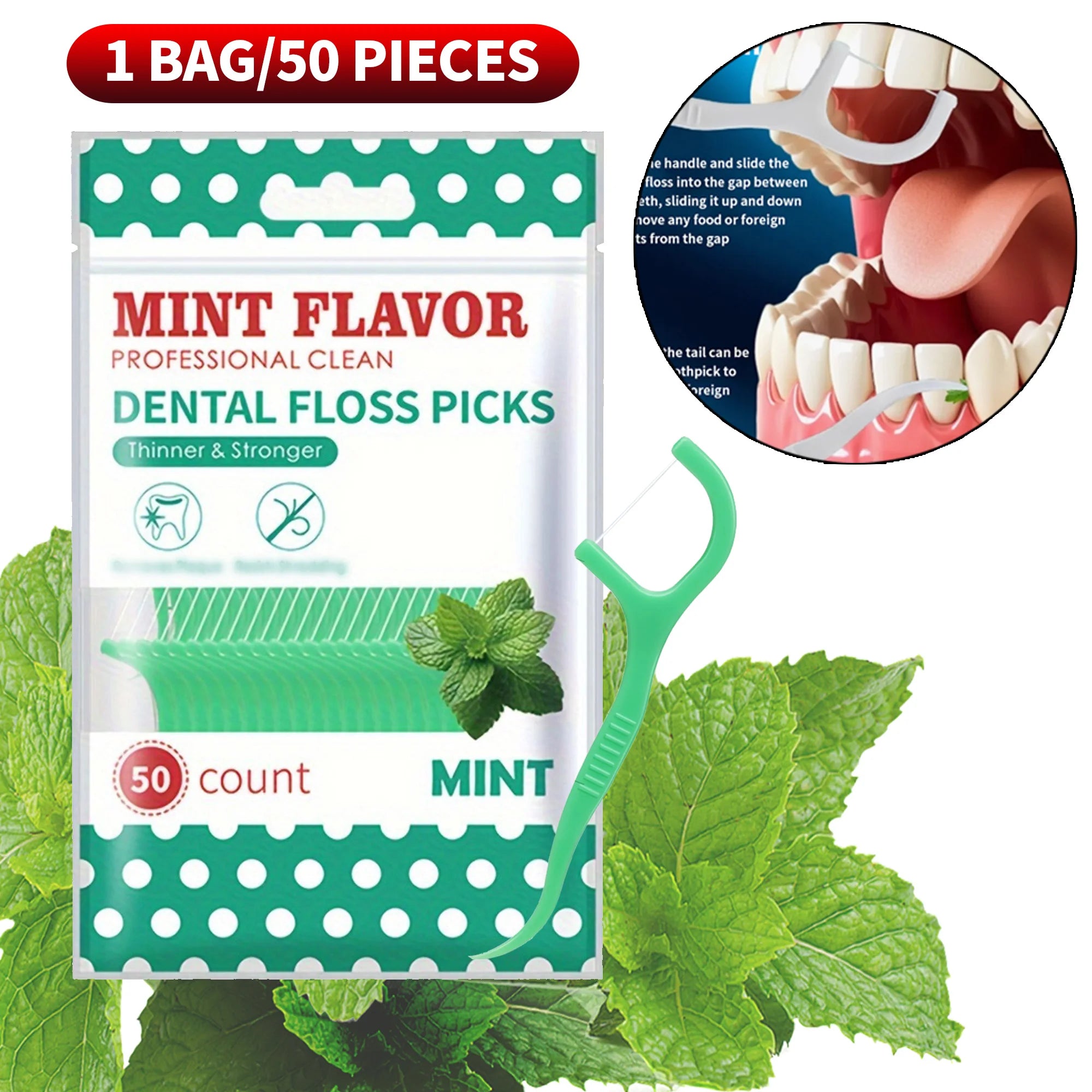Smooth Mint Floss Stick - Cleaning interdental care for oral health, suitable for daily cleaning of food residue between teeth